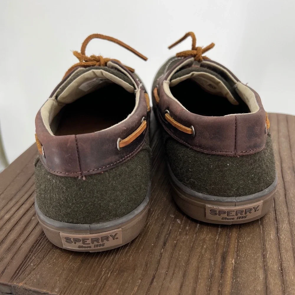 Sperry Top-Sider Bahama II Mens 12 Olive Green Wool Leather Boat Shoes STS18119